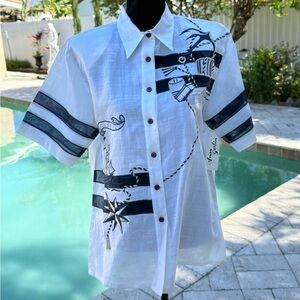 White Short-Sleeve Button-Up Shirt with Nautical embroidery